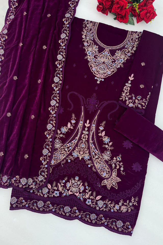 Purple Floral Embroidered Velvet Straight Cut Suit (ACB1581)