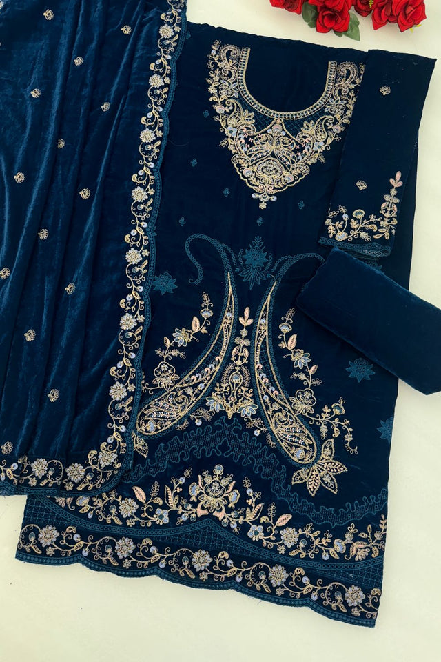 Blue Floral Embroidered Velvet Straight Cut Suit (ACB1582)