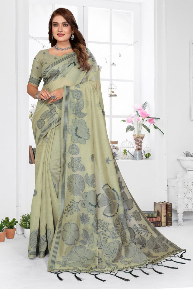 Green Floral Woven Cotton Saree (ACB1595)