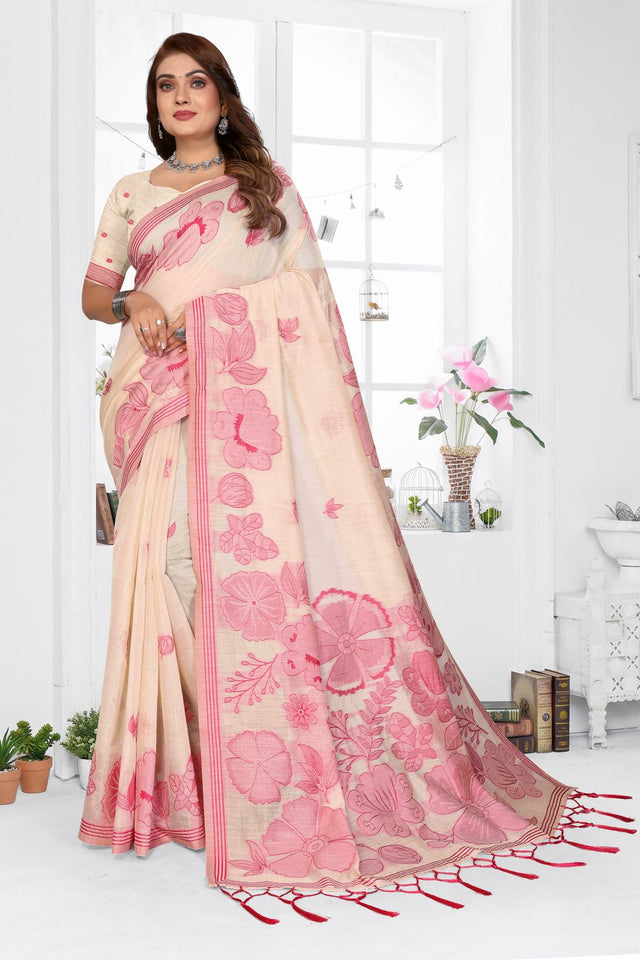Yellow Floral Woven Cotton Saree (ACB1597)