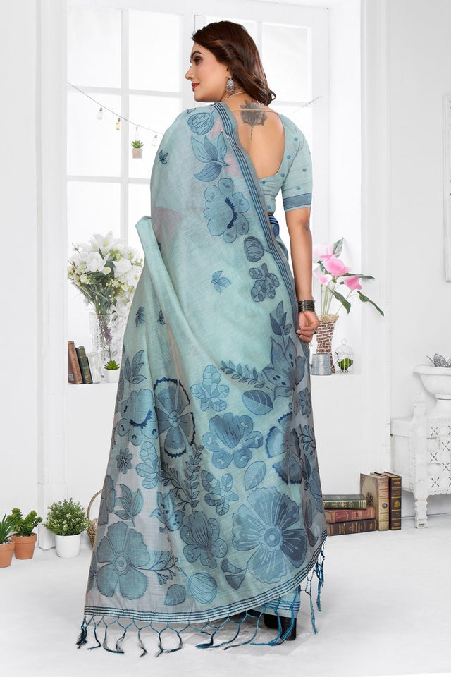 Sea Green Floral Woven Cotton Saree (ACB1598)