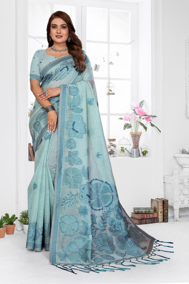 Sea Green Floral Woven Cotton Saree (ACB1598)