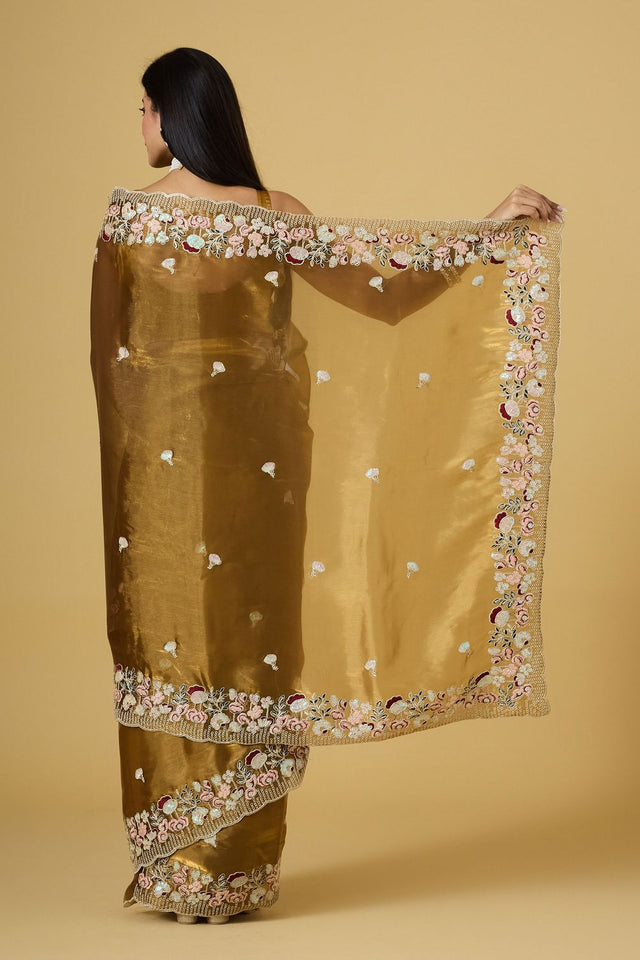 Gold Floral Embroidered Silk Saree (ACB1603)