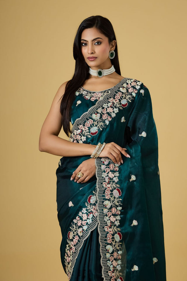 Turquoise Floral Embroidered Silk Saree (ACB1604)
