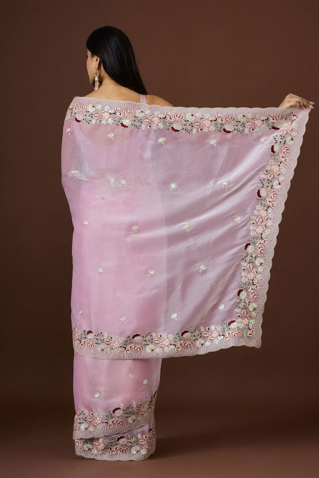 Pink Floral Embroidered Silk Saree (ACB1605)