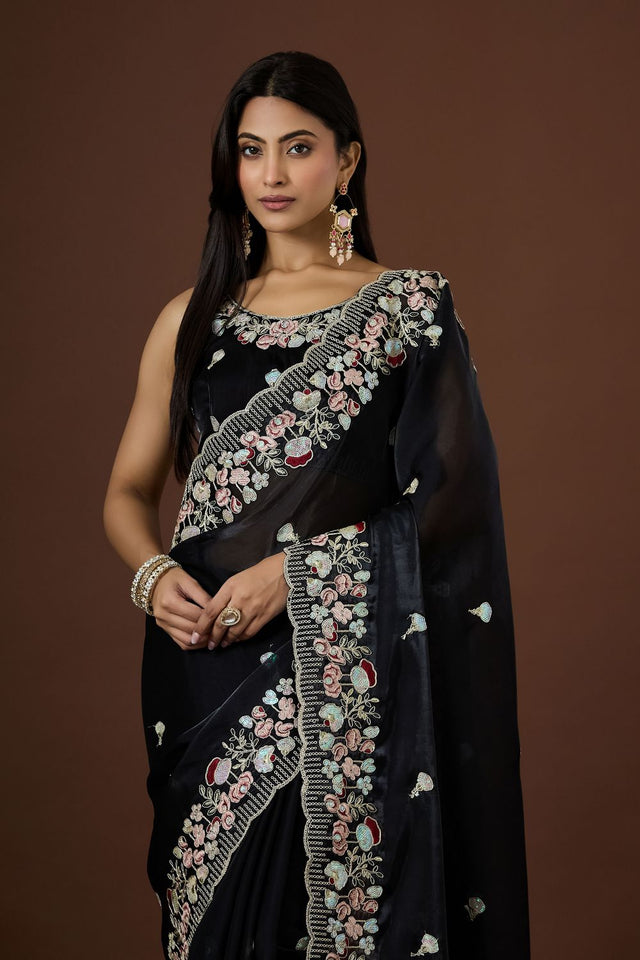 Black Floral Embroidered Silk Saree (ACB1608)