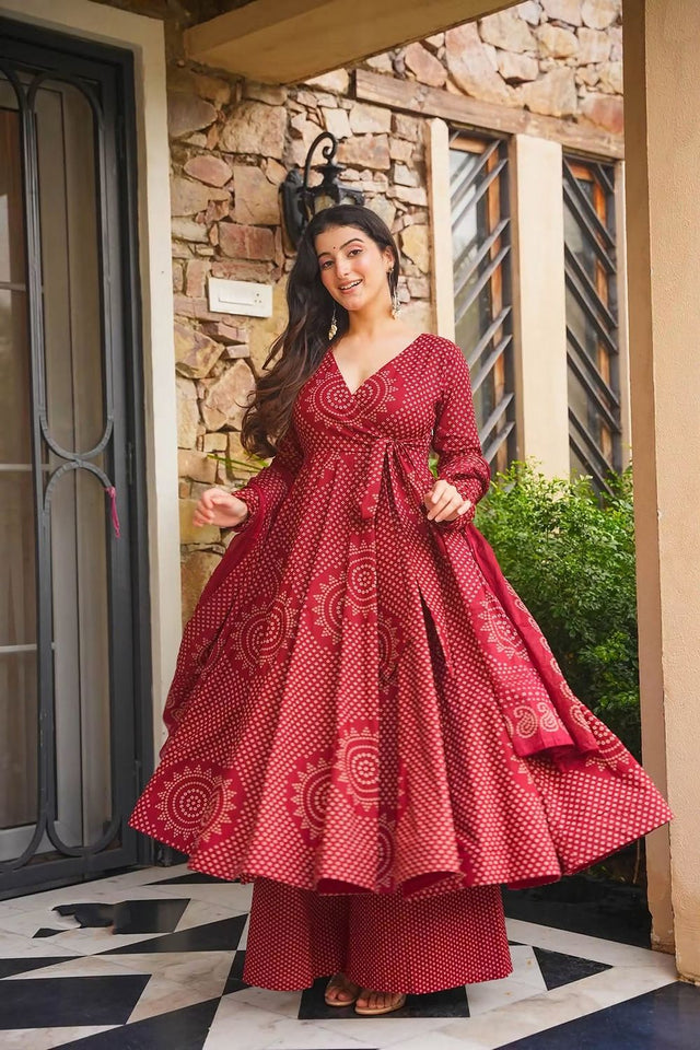 Maroon Bandhani Printed Cotton Anarkali Suit (ACB1633)