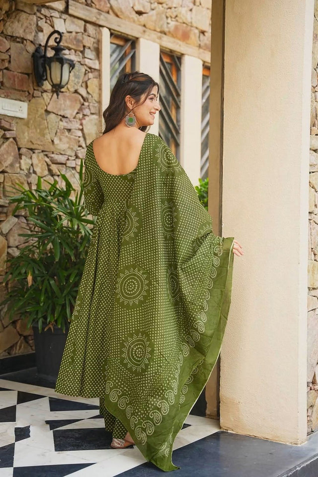 Mehendi Bandhani Printed Cotton Anarkali Suit (ACB1634)