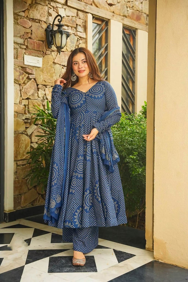 Blue Bandhani Printed Cotton Anarkali Suit (ACB1635)
