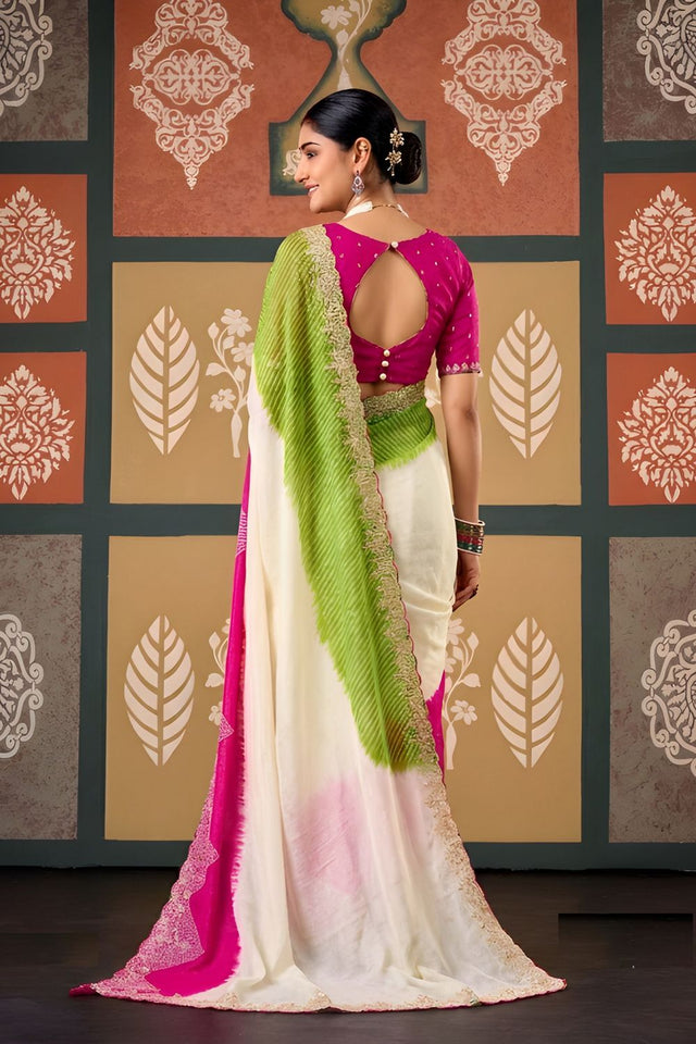 Pink Printed with Embroidered Border Chiffon Saree (ACB1639)