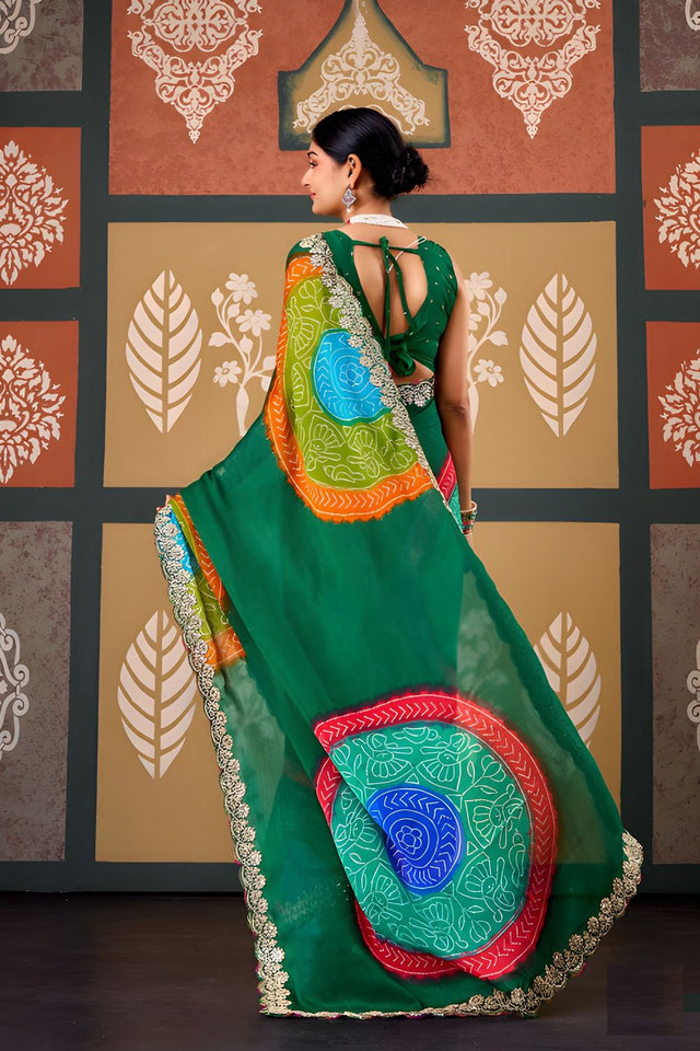 Green Printed with Embroidered Border Chiffon Saree (ACB1640)