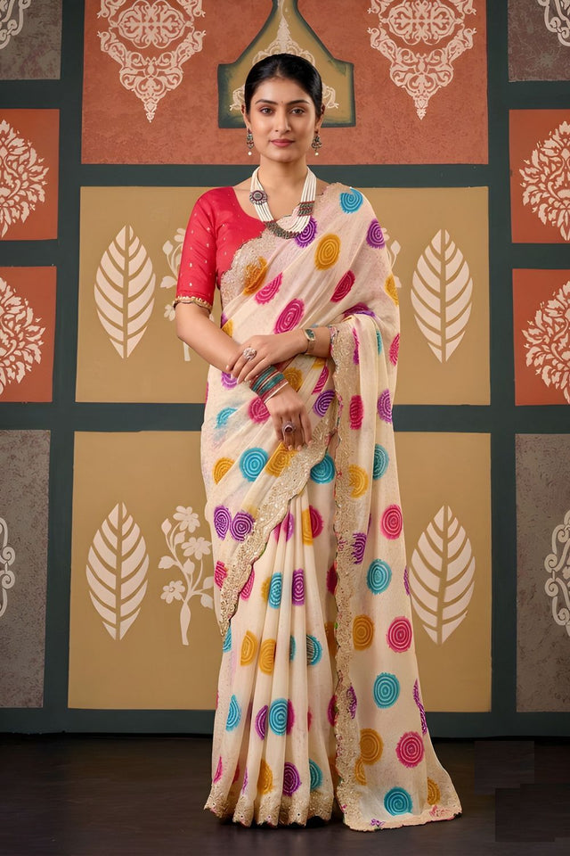 Cream Printed with Embroidered Border Chiffon Saree (ACB1641)