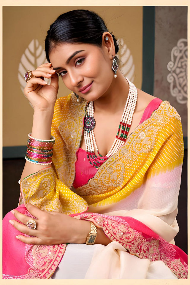 Multi Color Printed with Embroidered Border Chiffon Saree (ACB1642)