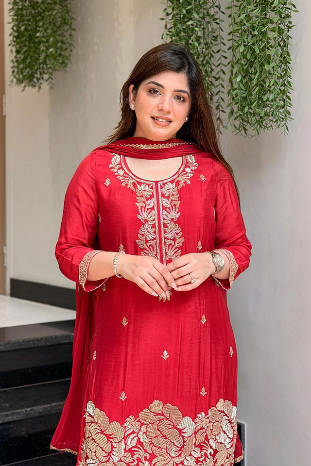 Red Embroidered Crepe Palazzo Suit (ACB1655)