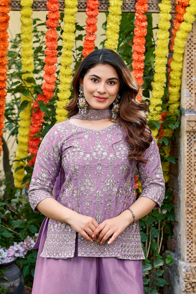 Purple Floral Embroidered Chinon Palazzo Suit (ACB1656)