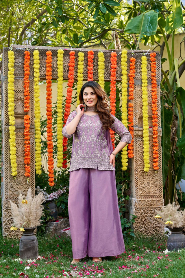 Purple Floral Embroidered Chinon Palazzo Suit (ACB1656)