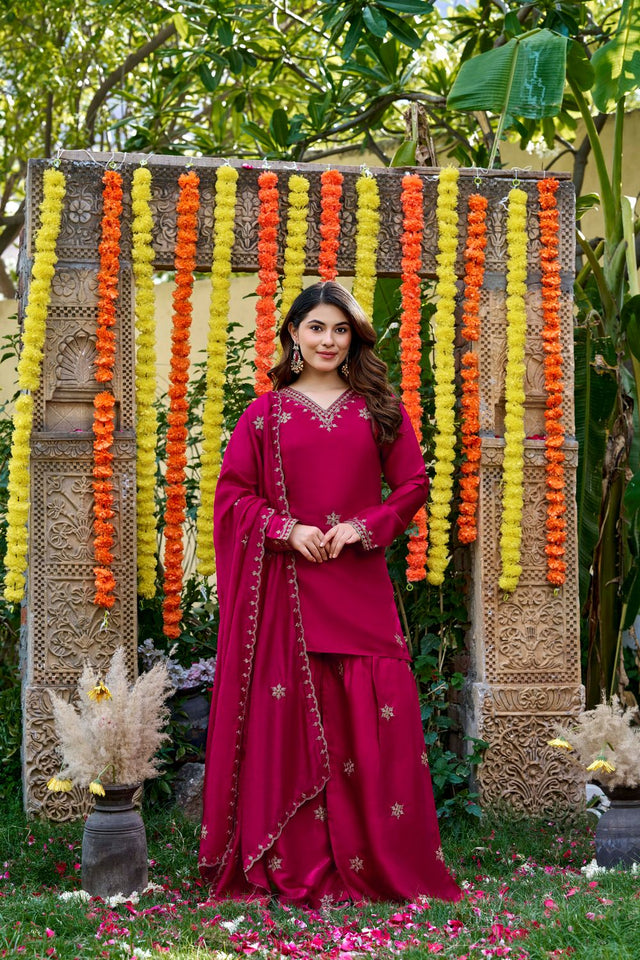 Pink Sequin with Embroidered Viscose Sharara Suit (ACB1657)