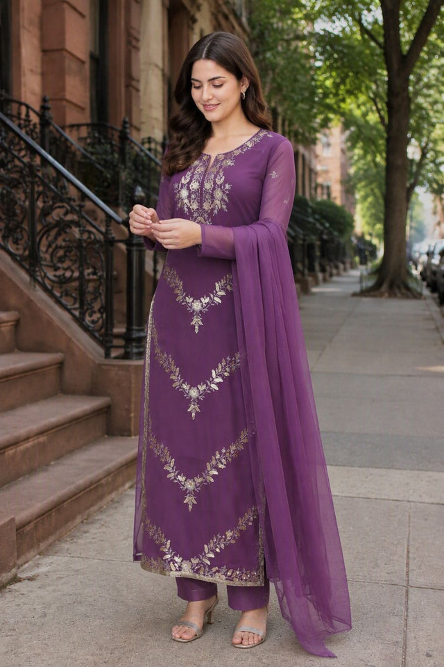 Purple Floral Embroidered Georgette Straight Cut Suit (ACB1658)