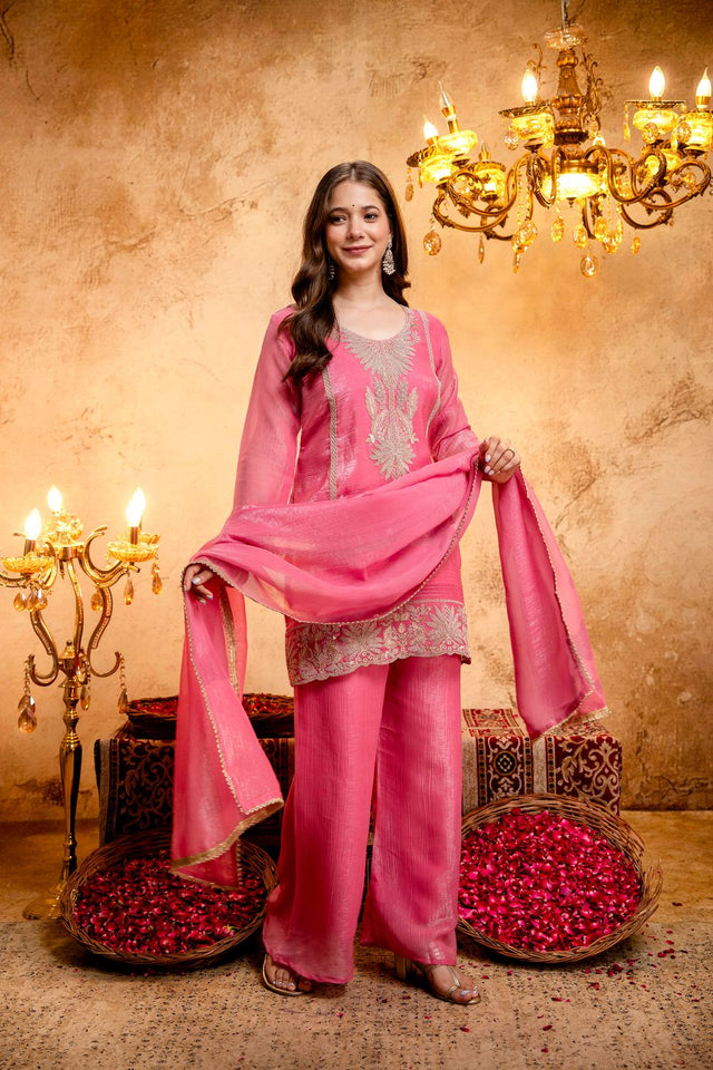 Pink Heavy Embroidered Silk Blend Palazzo Suit (ACB1659)