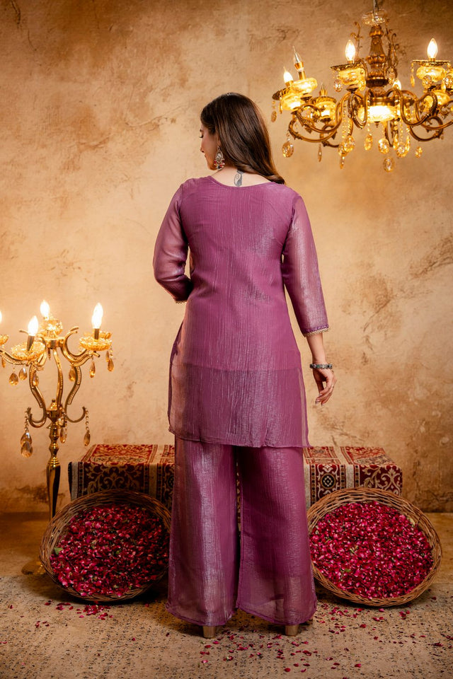 Purple Floral Embroidered Silk Blend Palazzo Suit (ACB1660)
