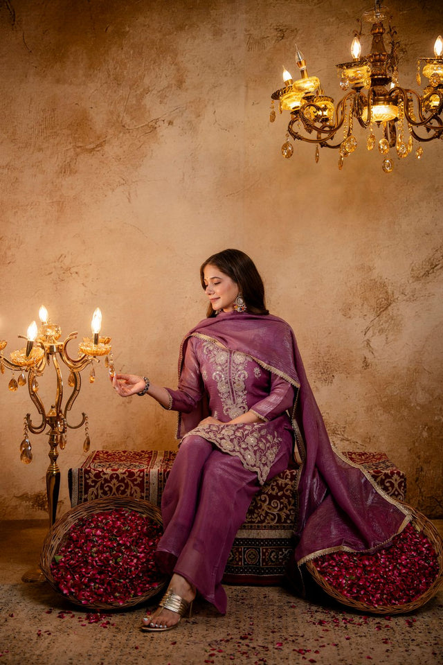 Purple Floral Embroidered Silk Blend Palazzo Suit (ACB1660)