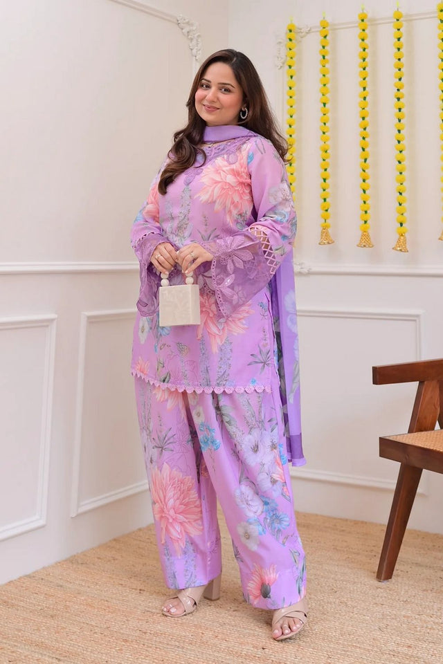 Lavender Floral Printed Georgette Kurti Pant Set (ACB1662)
