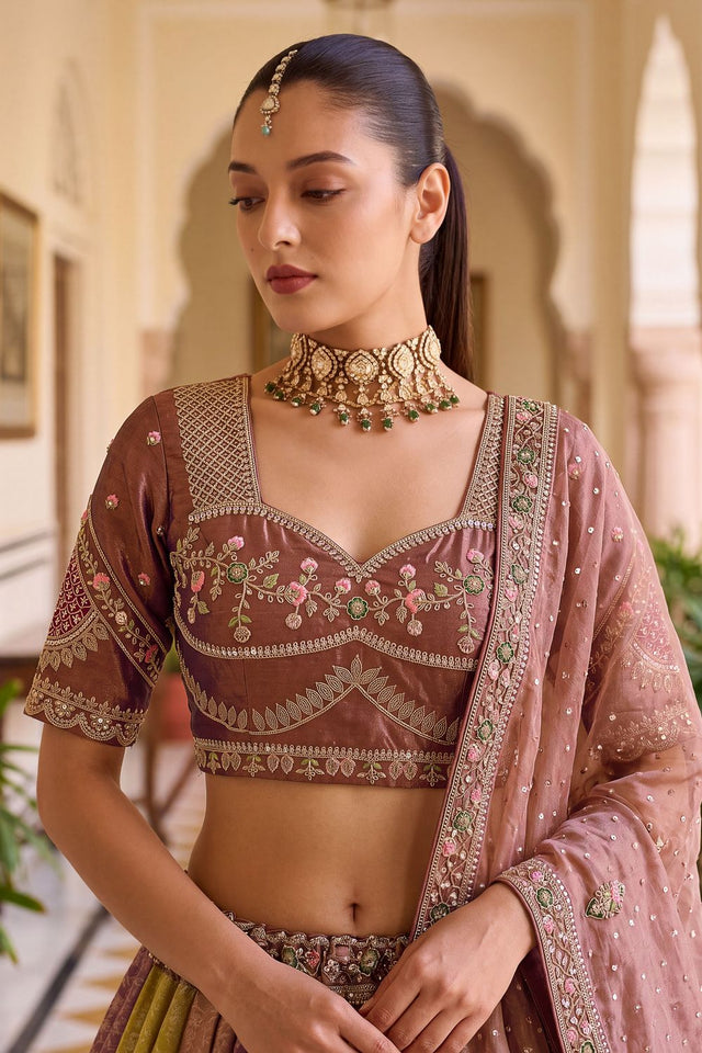 Multi-Color Heavy Embroidered Silk Lehenga (ACB1671)