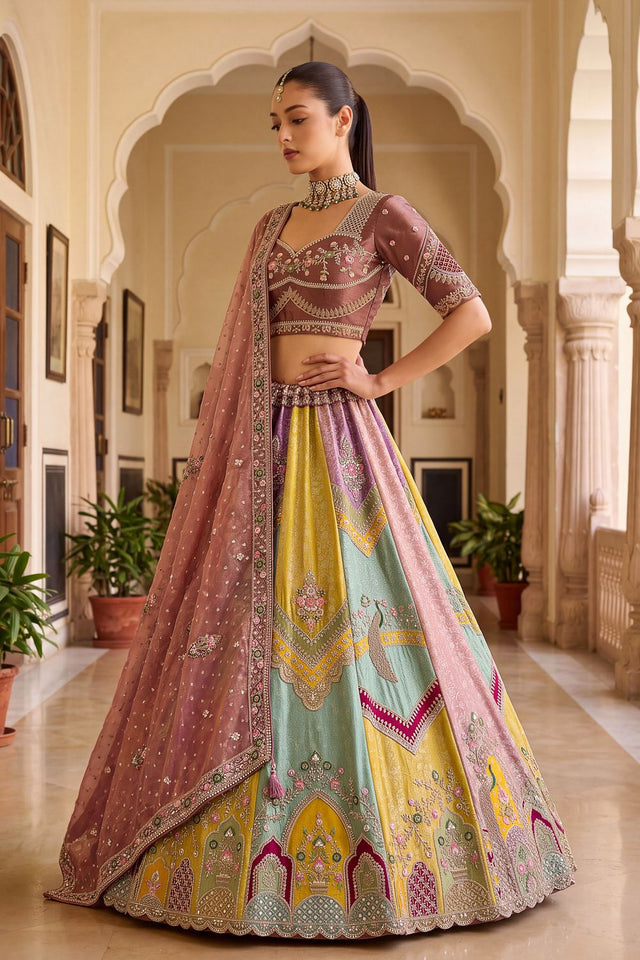 Multi-Color Heavy Embroidered Silk Lehenga (ACB1671)