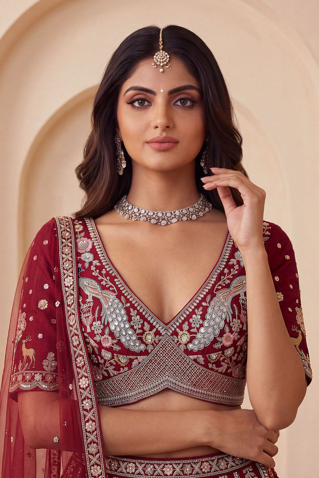 Red Heavy Embroidered Silk Lehenga (ACB1674)