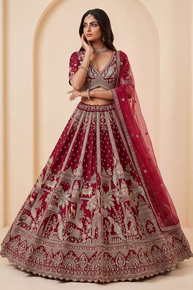 Red Heavy Embroidered Silk Lehenga (ACB1674)