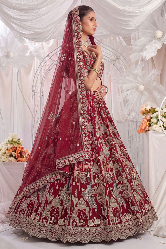 Red Heavy Embroidered Silk Lehenga (ACB1675)