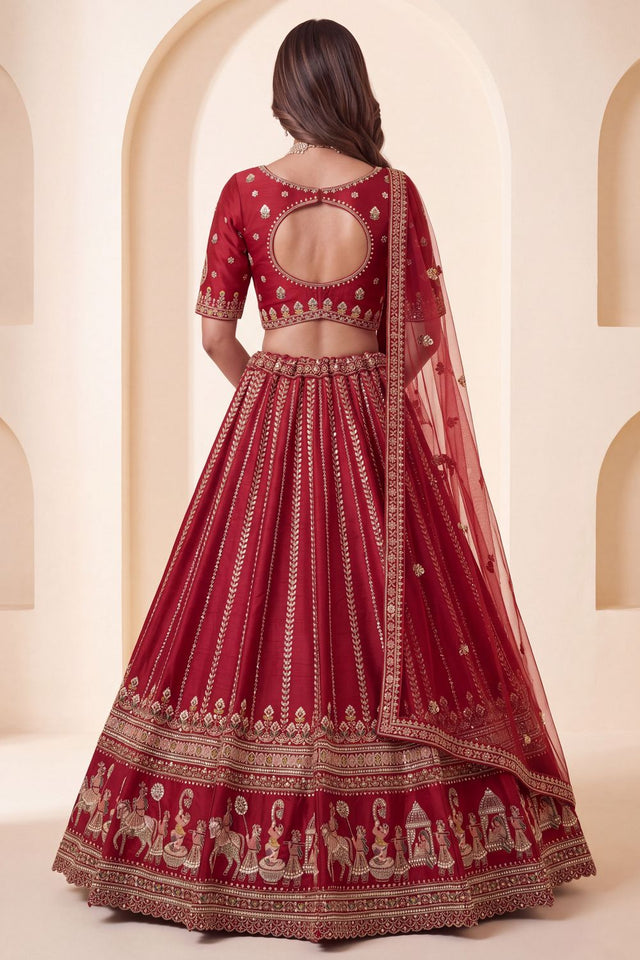 Red Heavy Embroidered Silk Lehenga (ACB1677)