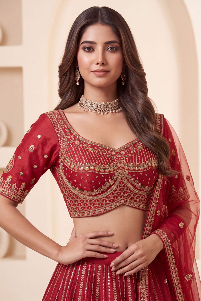 Red Heavy Embroidered Silk Lehenga (ACB1677)