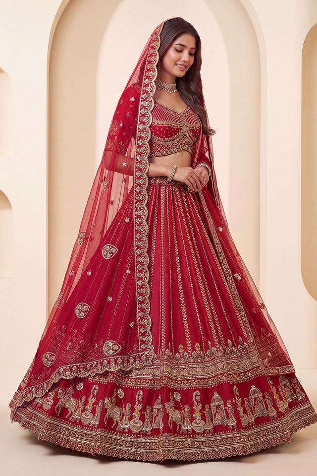 Red Heavy Embroidered Silk Lehenga (ACB1677)