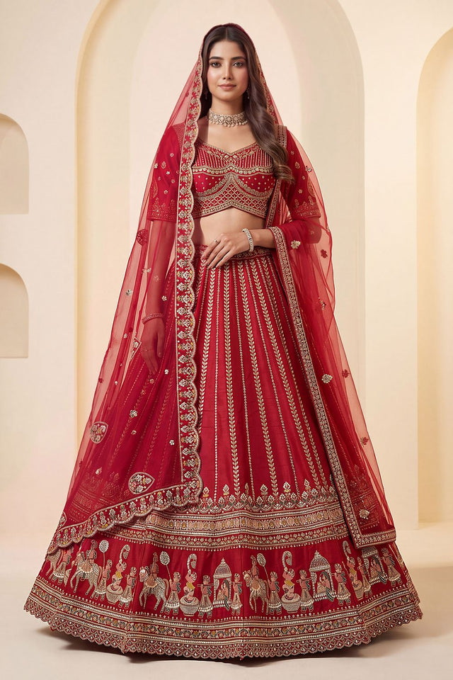 Red Heavy Embroidered Silk Lehenga (ACB1677)