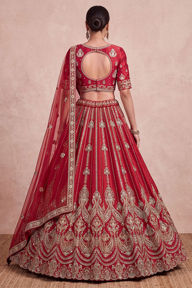 Red Heavy Embroidered Silk Lehenga (ACB1679)