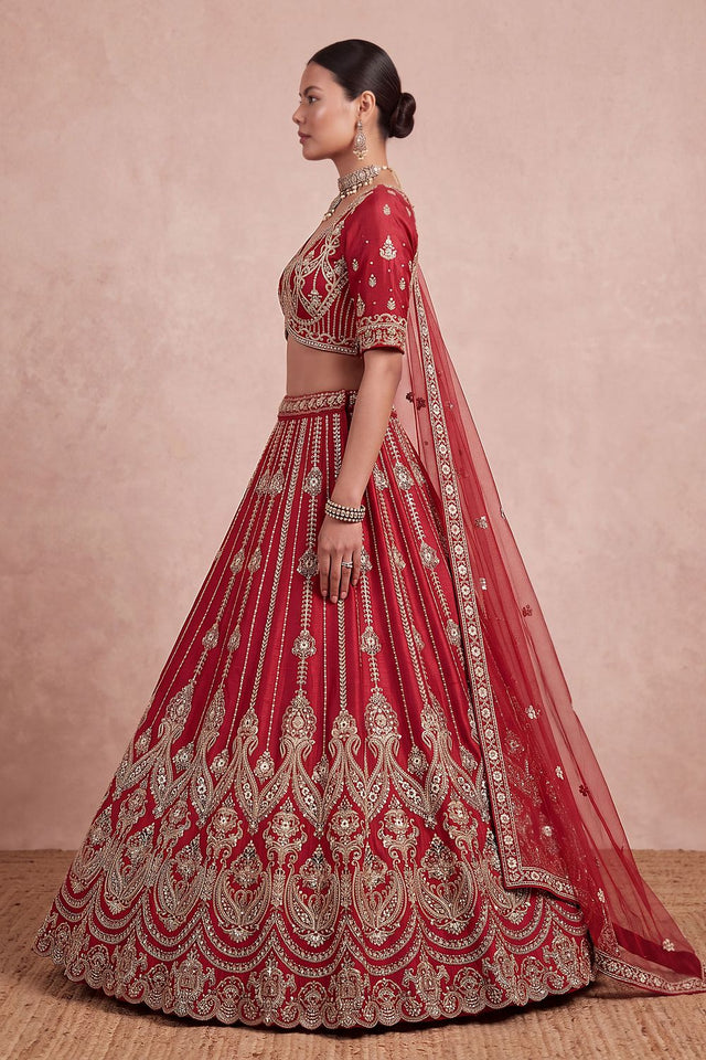 Red Heavy Embroidered Silk Lehenga (ACB1679)