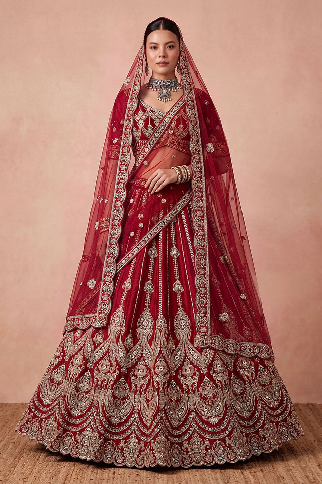 Maroon Heavy Embroidered Silk Lehenga (ACB1681)