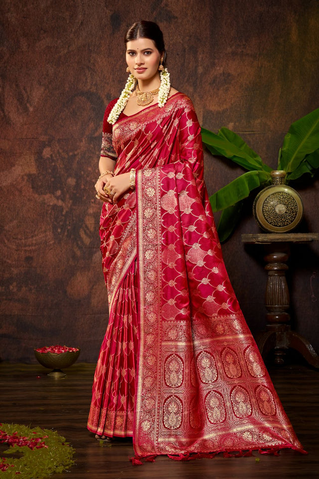 Red Woven Satin Silk Saree (ACB1695)