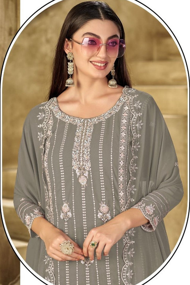 Grey Heavy Embroidered Georgette Straight Cut Suit (ACB1697)