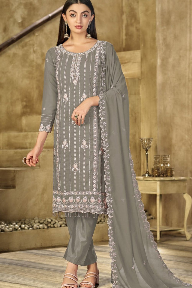 Grey Heavy Embroidered Georgette Straight Cut Suit (ACB1697)