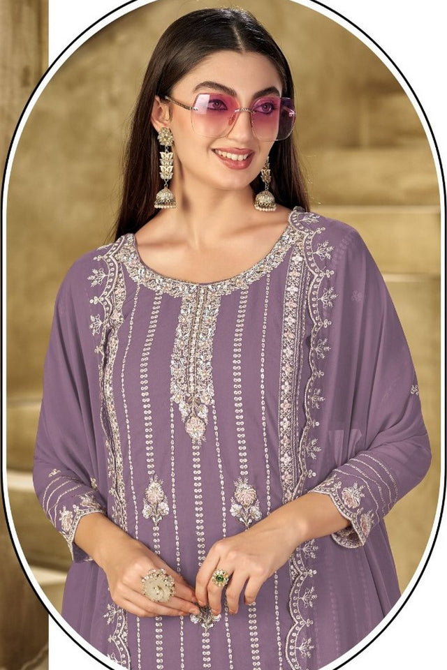 Lavender Heavy Embroidered Georgette Straight Cut Suit (ACB1698)
