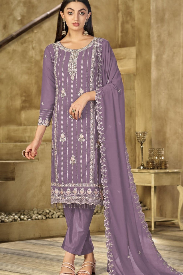 Lavender Heavy Embroidered Georgette Straight Cut Suit (ACB1698)