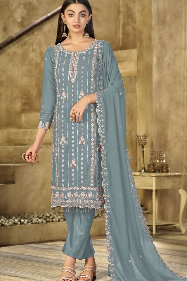 Turquoise Heavy Embroidered Georgette Straight Cut Suit (ACB1699)