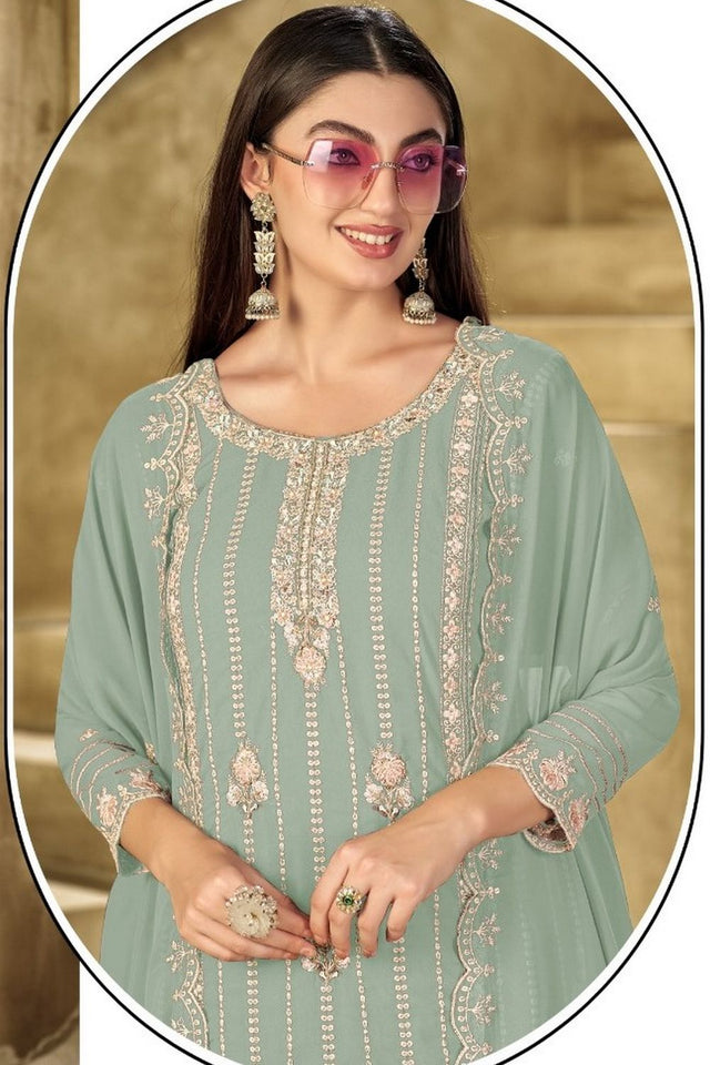 Green Heavy Embroidered Georgette Straight Cut Suit (ACB1700)