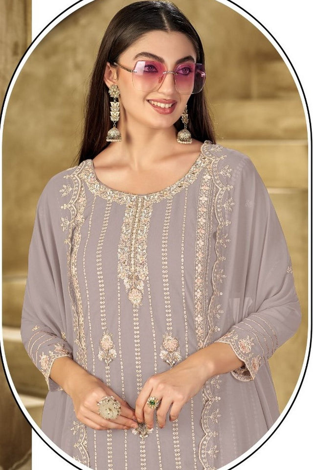 Grey Heavy Embroidered Georgette Straight Cut Suit (ACB1702)