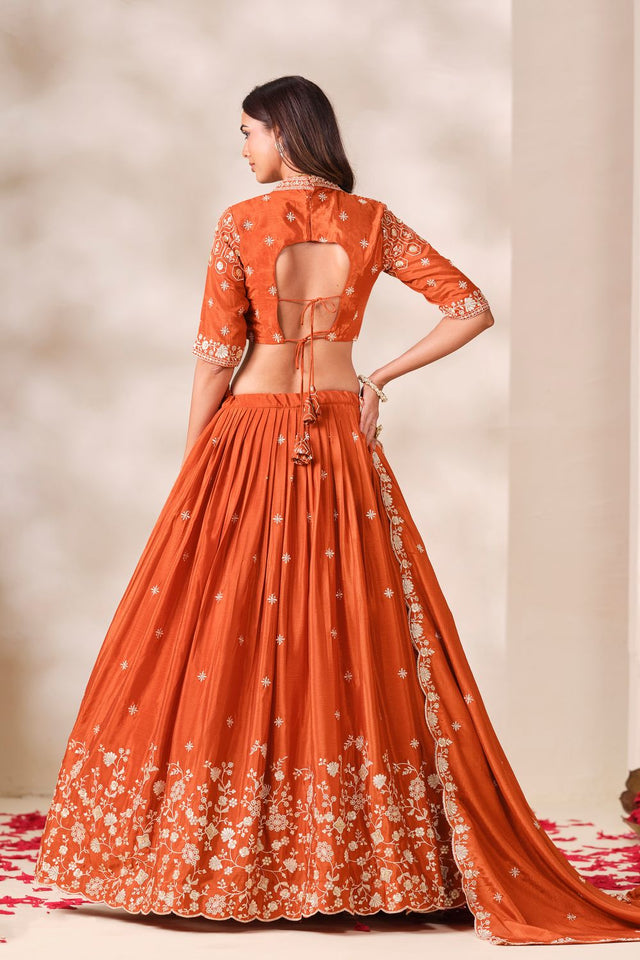 Rust Sequin With Embroidered Chinon Lehenga (ACB1704)