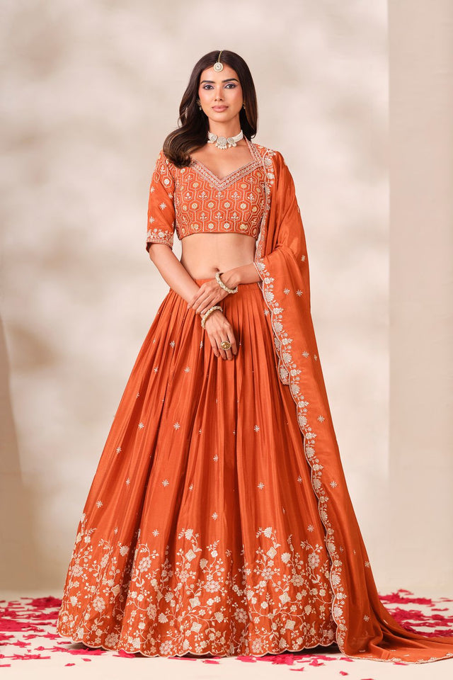 Rust Sequin With Embroidered Chinon Lehenga (ACB1704)