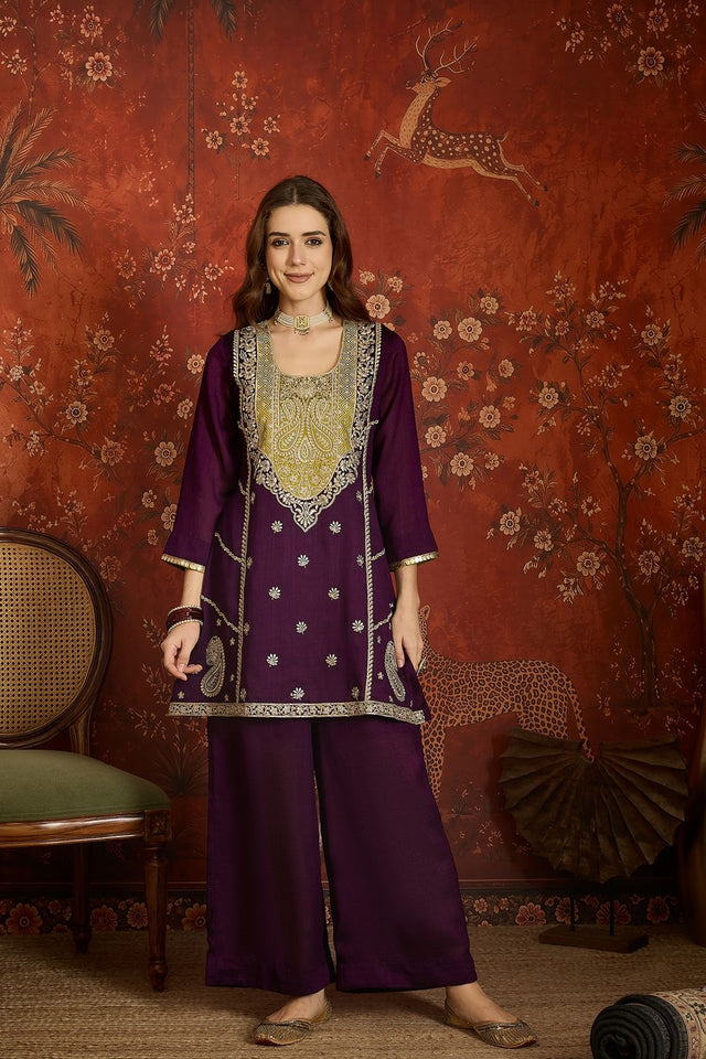 Purple Floral Embroidered Silk Palazzo Suit (ACB1713)