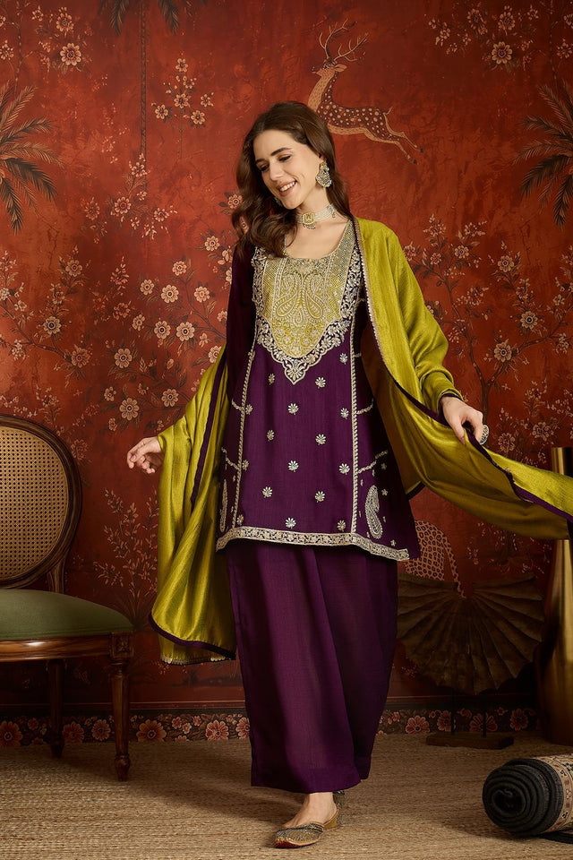 Purple Floral Embroidered Silk Palazzo Suit (ACB1713)